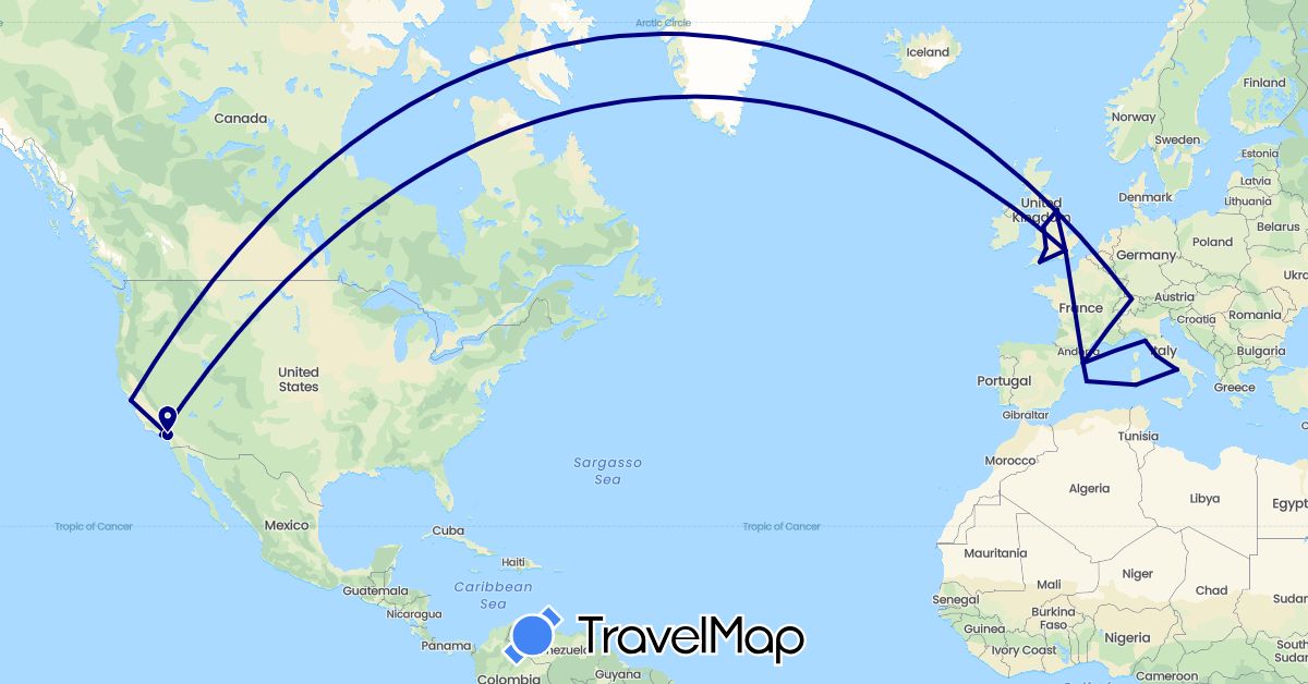 TravelMap itinerary: driving in Switzerland, Spain, United Kingdom, Italy, United States (Europe, North America)