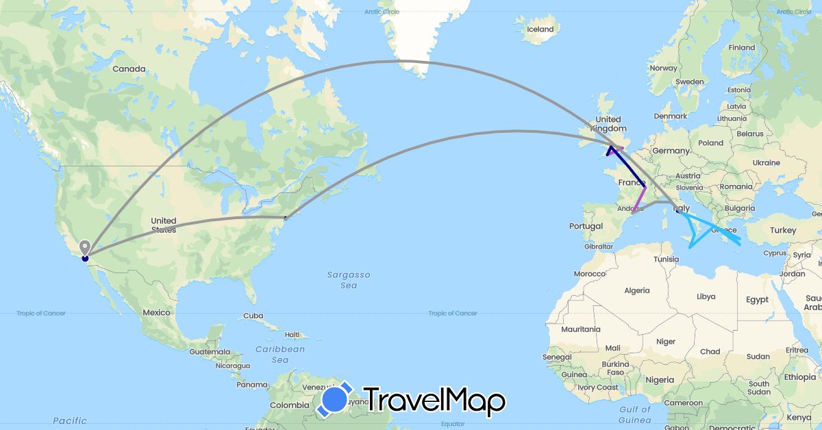 TravelMap itinerary: driving, plane, train, boat in Spain, France, United Kingdom, Greece, Italy, Malta, United States (Europe, North America)